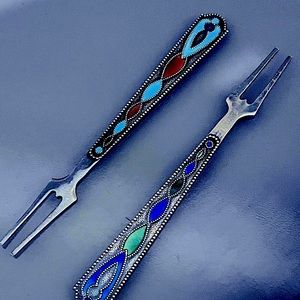 Lot of Two (2) Russian Enamel Silver Seafood Cocktail Olive Cloisonne Forks